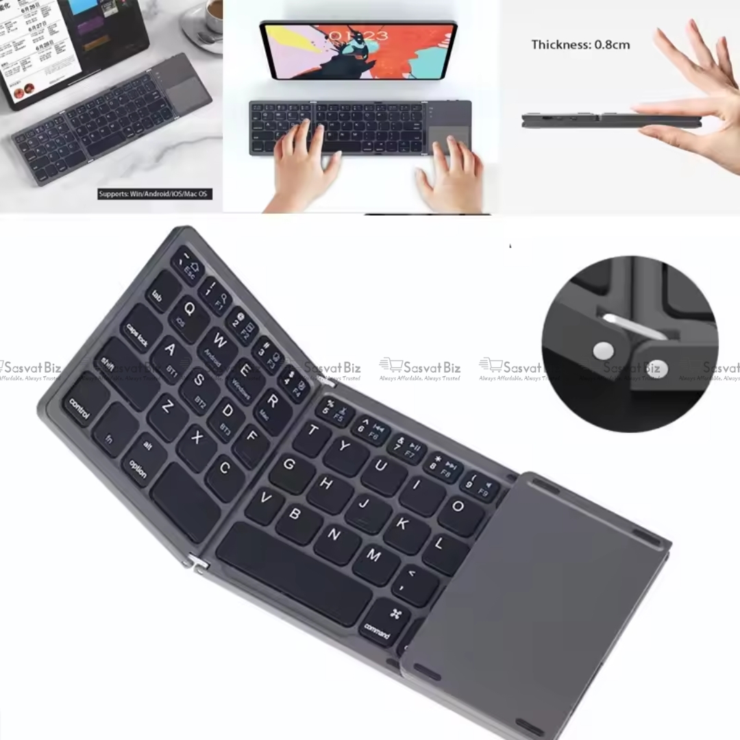 Foldable Bluetooth tri-fold wireless keyboard with touchpad and foldable laptop stand, portable design for travel and remote work.