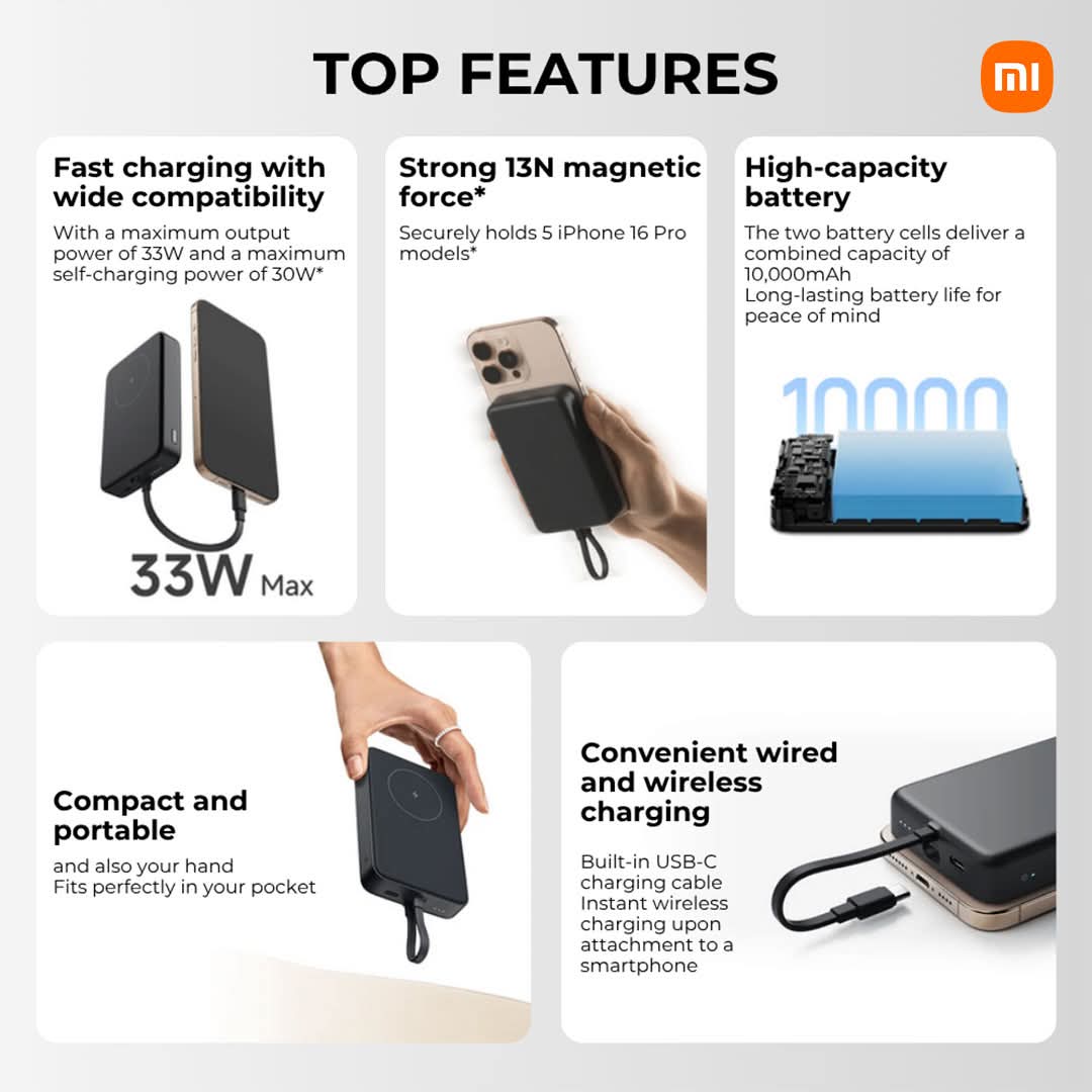 Xiaomi Magnetic Wireless Power Bank 10000 Built-in Cable 33W USB-C 7.5W Qi Wireless Charging for iPhone 16 15 Xiaomi 15 14